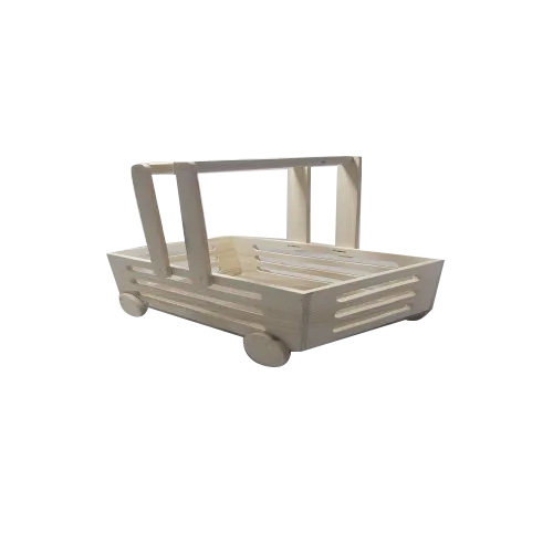 Wooden Basket With Two Handle And Wooden Wheels - Color: Natural