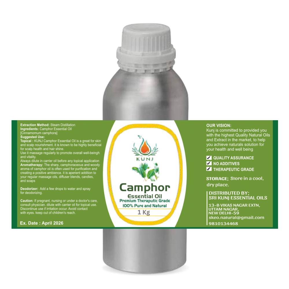 Camphor Oil - 100% Pure & Natural, 1 Kg Bottle, Silver, Steam Distilled, Therapeutic Grade For Aromatherapy, Pain Relief, Skin Care & Respiratory Relief