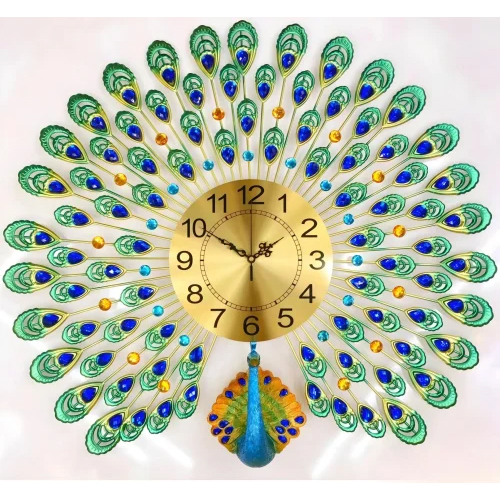 Round Peacock Wall Clock - Color: Green And Gold