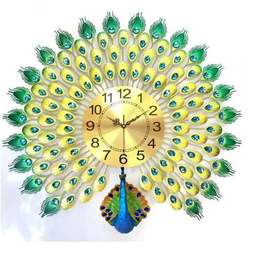 Peacock Hanging Wall Clock - Color: Green And Gold