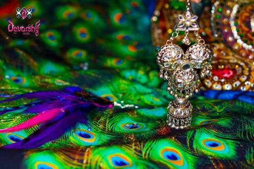 Peacock Feather Digital Print Fabric - Silk And Satin Blend, Green Hue, Soft Texture, Colorfast Quality For Dress Applications