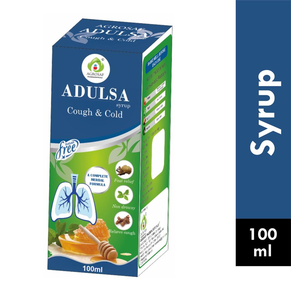 AGROSAF ADULSA SYRUP - Vasaka(500mg), Sunthi(20mg), Bahada(100mg), Pippali(20mg),kali Mirch(20mg) Mulethi(150mg),vekhand(30mg),dalchini(20mg) Kantakari(100mg),kulanjan(50mg),kakdasighi(50mg) & Tulsi(100mg).