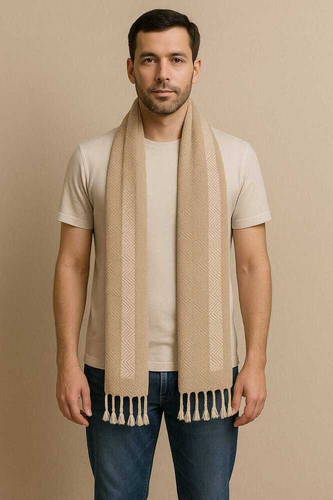 Geometric Pattern Winter Scarf with Tassels, Beige, Knitted Wool Blend