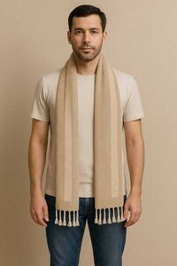 Geometric Pattern Winter Scarf with Tassels, Beige, Knitted Wool Blend