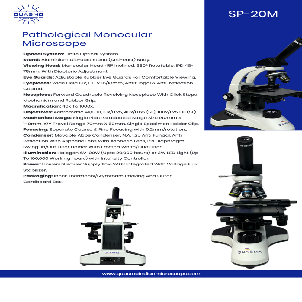 Sp-20m Pathological Monocular Microscope - Aluminium Die-cast Stand, 40x To 1000x Magnification, Single Plate Graduated Stage, Halogen/led Illumination
