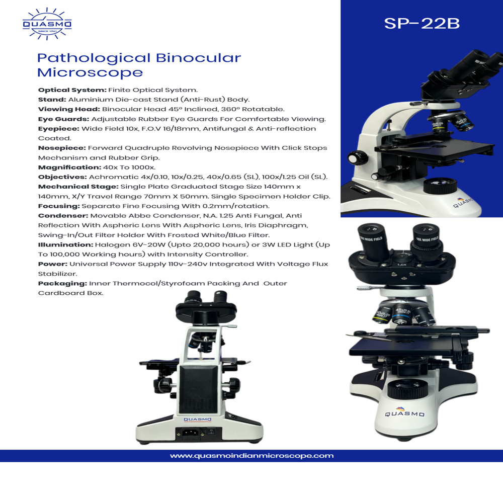 Sp-22b Pathological Binocular Microscope - Aluminium Die-cast Body, 1000x Magnification, 140mm X 140mm Stage , Adjustable Eyeguards, Halogen/led Illumination