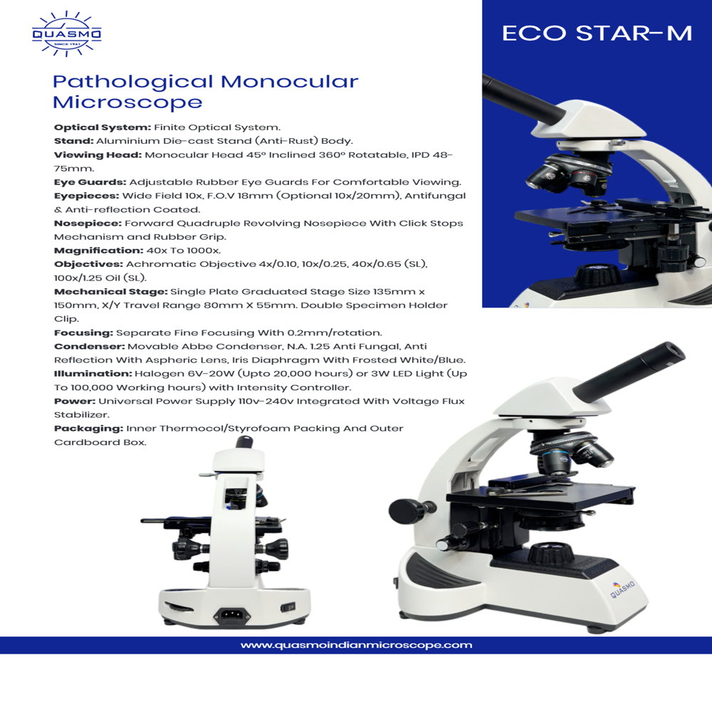 Eco Star-m Pathological Monocular Microscope - Aluminium Die-cast Stand, 135mm X 150mm Graduated Stage | Adjustable Rubber Eye Guards, Anti-fungal Coated Eyepieces