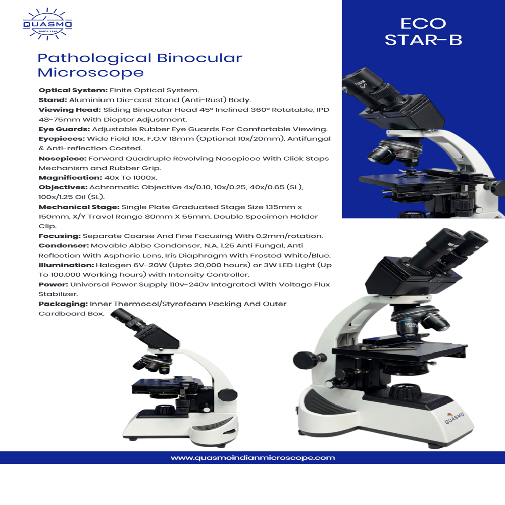 Eco Star B Pathological Binocular Microscope - Aluminium Die-cast Stand, 40x To 1000x Magnification | Adjustable 45â° Sliding Head, Co-axial Focusing Control