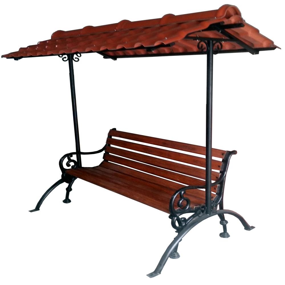 Bench with Roof - Cast Iron & FRP Wood, Seating for 3 Persons | Powder Coated Galvanized Steel Frame, PVC Roof for Durable Shade