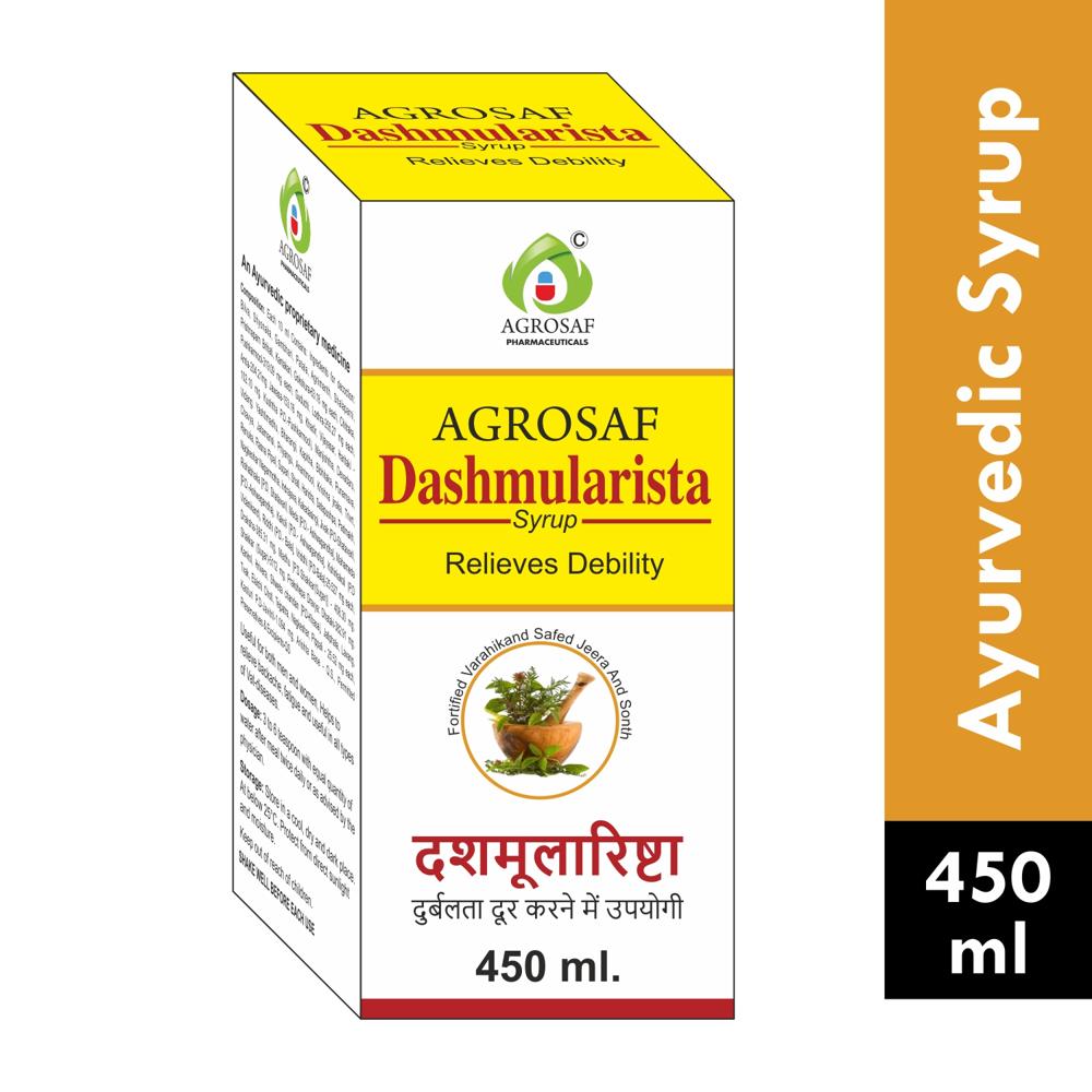 AGROSAF DASHMULARISHTA SYRUP - Bilva Root, Agnimantha Root, Shynaka Root, Patala Root, Kashmari/gambhari Root, Brihati Root, Kantakari Root, Shalaparni Root, Prishnaparni Root, Gokshura Root.