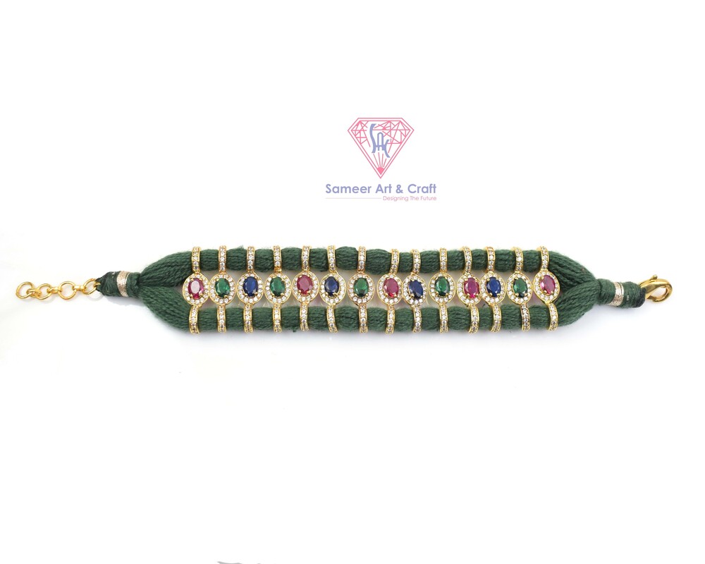 Pave Diamond Ruby Emerald Sapphire Thread Bracelet - Color: Multicolor