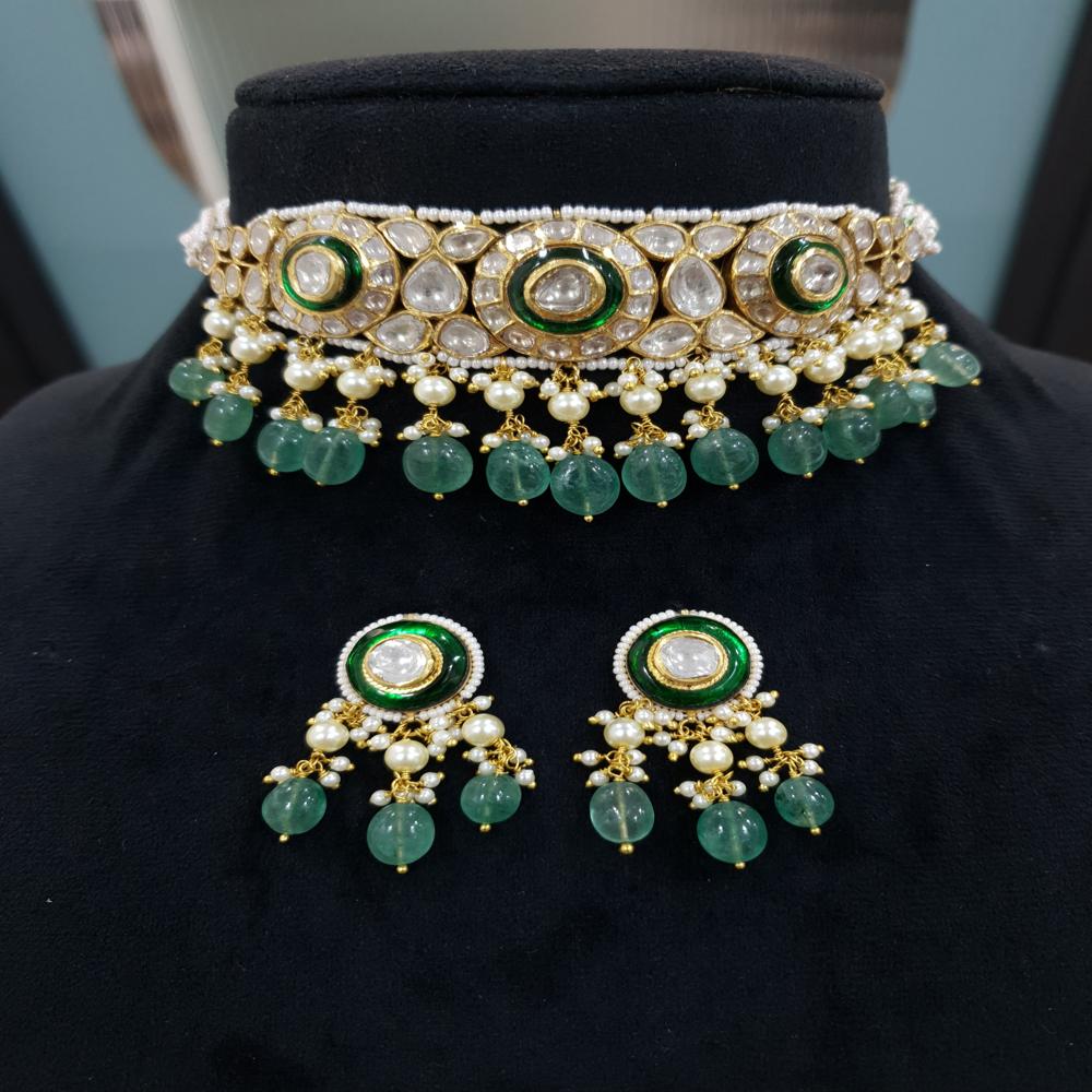 Daimond Polki Green Stone Mini Chokar Set - Diamond Cut: Very Good