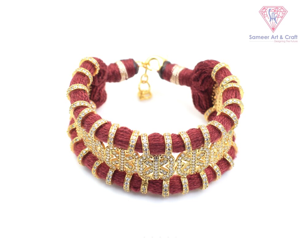 Pave American Diamond Handmade Gold Plated Thread Bracelet