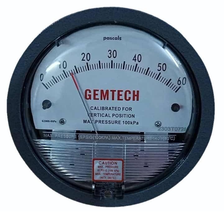GEMTECH Differential Pressure Gauge Range 0-60 Pascal