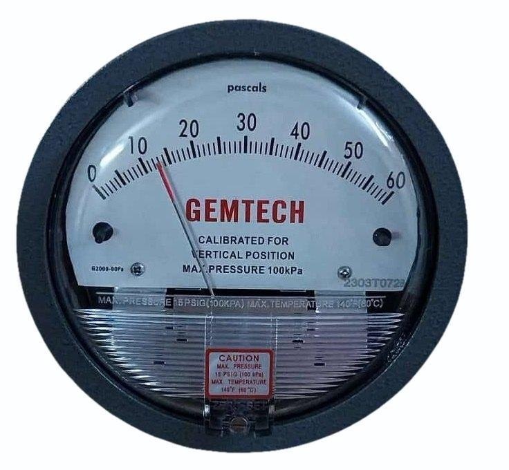 GEMTECH Differential Pressure Gauge Range 0-60 Pascal