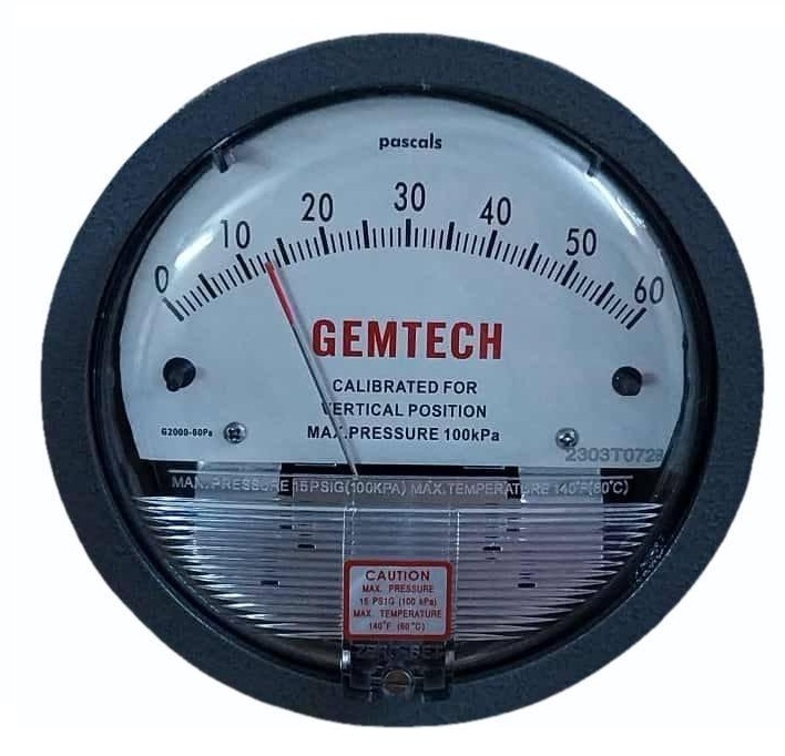 GEMTECH Differential Pressure Gauge Range 0-60 Pascal