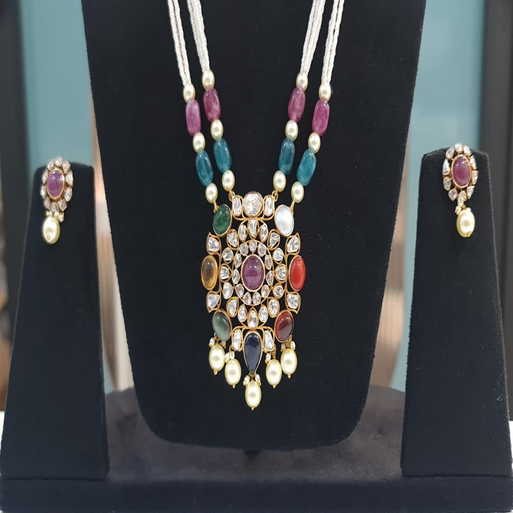 14kt Navratan Pendant Set With Real Diamond Polki - Color: Multicolour
