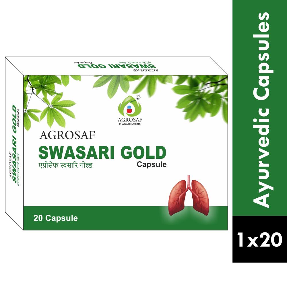 AGROSAF SWASARI GOLD CAPSULE - Trikuta Churna 119.05 Gm, Swasari Ras 119 .05 Mg ,sitopladi Churna 119.05 Mg , Abhrak Bhasma 59.52 Mg, Swarn Basant Malti Ras 11.90 Mg ,moti Pishti 11.90 Mg, Godanti Bhasma 59.52 Mg
