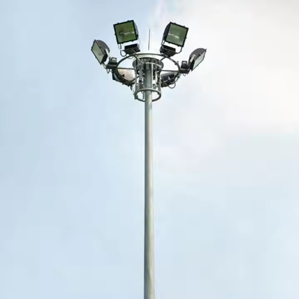 High Mast Pole - Mild Steel, 15-25 Meter Height, Round Design, Stainless Steel Color | Ideal For Outdoor Lighting, 120 Km/h Wind Capacity