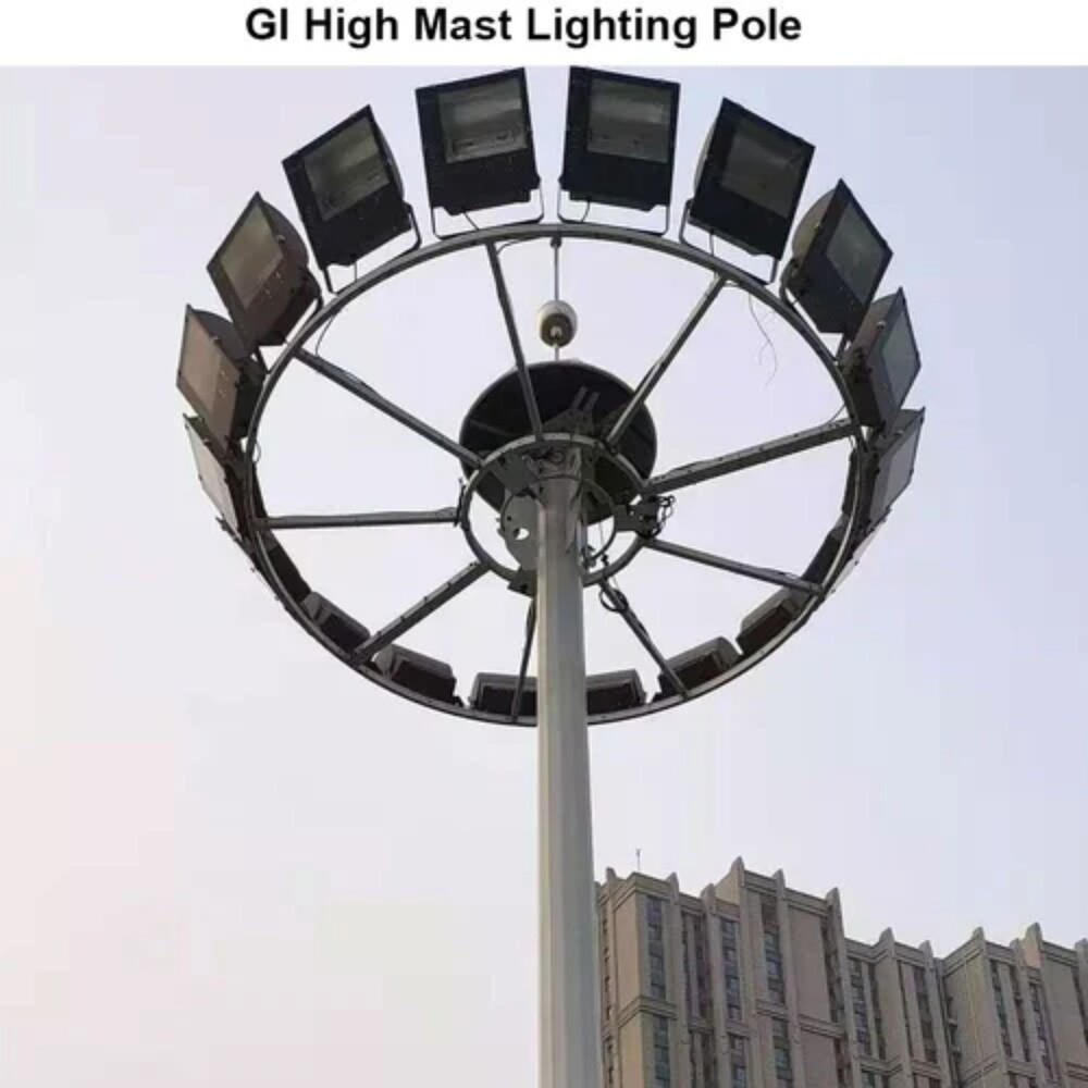 High Mast Pole - Mild Steel, 15-25 Meter Height, Round Design, Stainless Steel Color | Ideal For Outdoor Lighting, 120 Km/h Wind Capacity