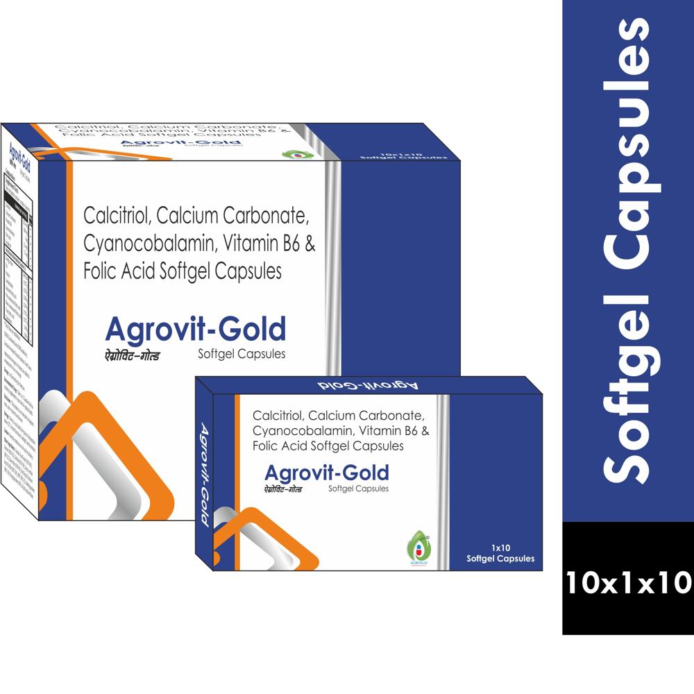 AGROVIT GOLD CAPSULE - Calcitriol(0.25mcg) + Calcium Carbonate(500mg) +cyanocobalamin (methylcobalamin)(1.5mcg) + Vitamin B6 (3mg)+ Folic Acid(1.5mg)
