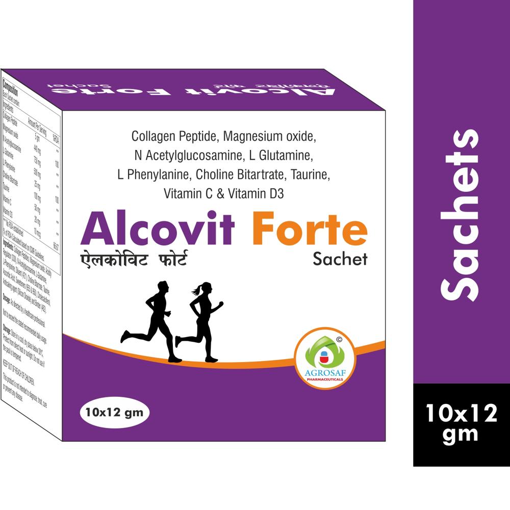 ALCOVIT FORTE SACHET - Collagen Peptide 5 Gm + Magnesium 440 Mg + N-acetylglucosamine 750 Mg + L-glutamine 500 Mg, L-phenylalanine 25 Mg + Choline Bitartrate 100 Mg + Taurine 50 Mg, Vitamin C 20 Mg + Vitamin d3 10 mcg
