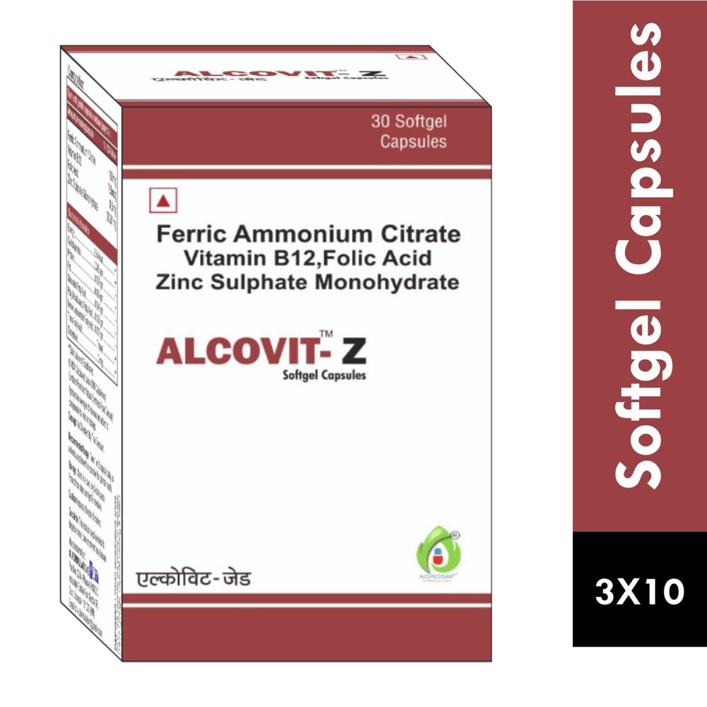 ALCOVIT-Z CAPSULE  - Ferric Ammonium Citrate(160mg),vitamin B12(7.5mcg),folic Acid(0.5mg),zinc Sulphate Monohydrate(20.61mg)