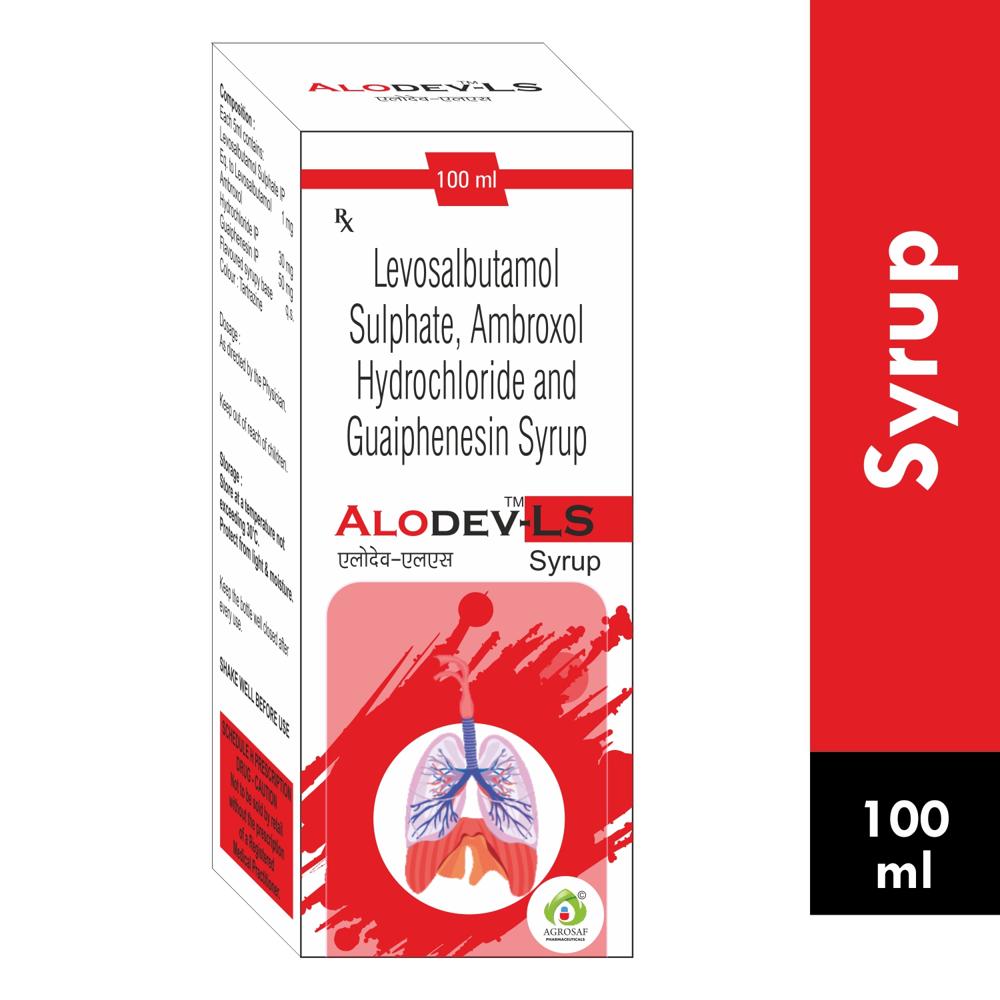 ALODEV LS SYRUP - Levosalbutamol Sulphate 1mg + Ambroxol Hcl 30mg + Guaiphenesin 50mg(flavoured Syrupy Base) Colour:tartrazine (each 5ml Contains)