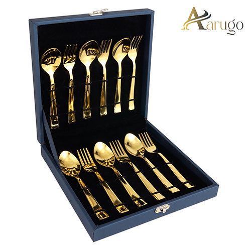 12Pc Gold Briefcase Spoon Cutlery Set - Design: Plain