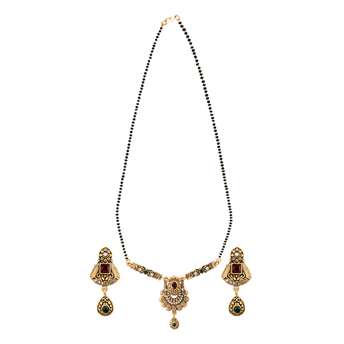 Black Beads Gold Plated Mangalsutra With Earrings
