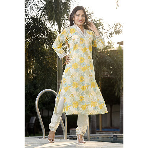 Embroidery Work V Neck Kurti - Color: White And Yellow
