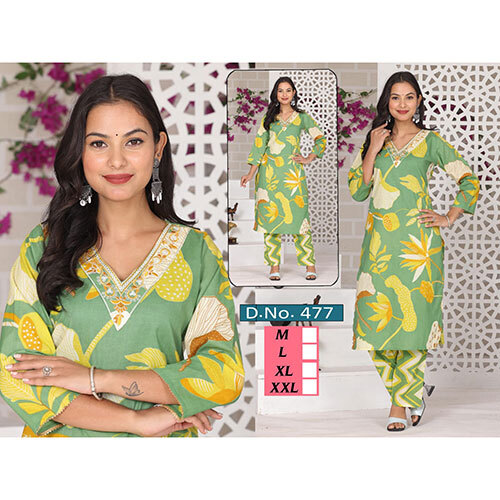Straight Kurti With Palazzo - Color: Green And White