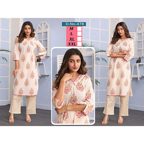 V Neck Hand  Work Kurti - Color: Cream