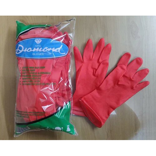 Diamond Mini Unlined Chlorinated Rubber Hand Glove - Heavy Duty Full Fingered Medium Size (7" & 7 1/2") Cream And Red Color Recyclable Latex