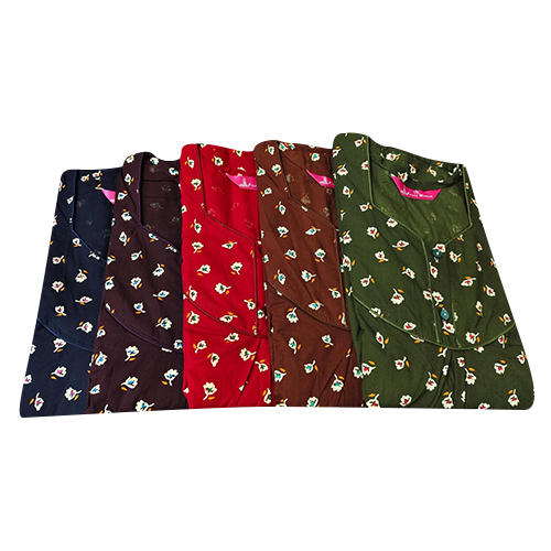 Side Pockets Hand Piping Nighty - Cotton, Different Sizes, Multi-Color Design, Printed Pattern with Plain Style, Short Sleeves, Washable, Female Fashion