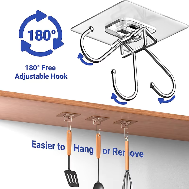 Transparent Kadi Hook - 304 Stainless Steel, 4 Cm Hook Width, 7 Cm Base Size | Holds Up To 22 Pounds, 180â° Rotation, No Nailing Required, Waterproof