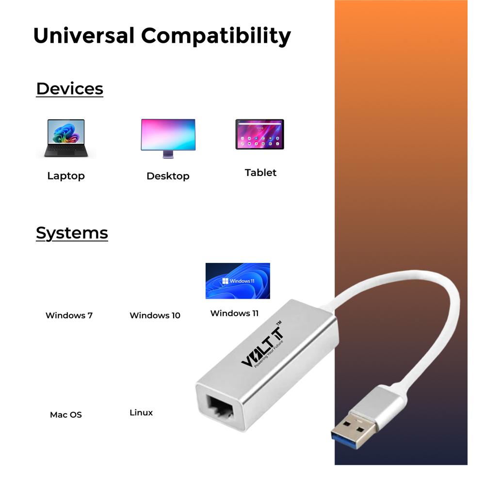 Volt It High-speed Usb 2.0 To Rj45 Gigabit Ethernet Adapter, 10/100 Mbps