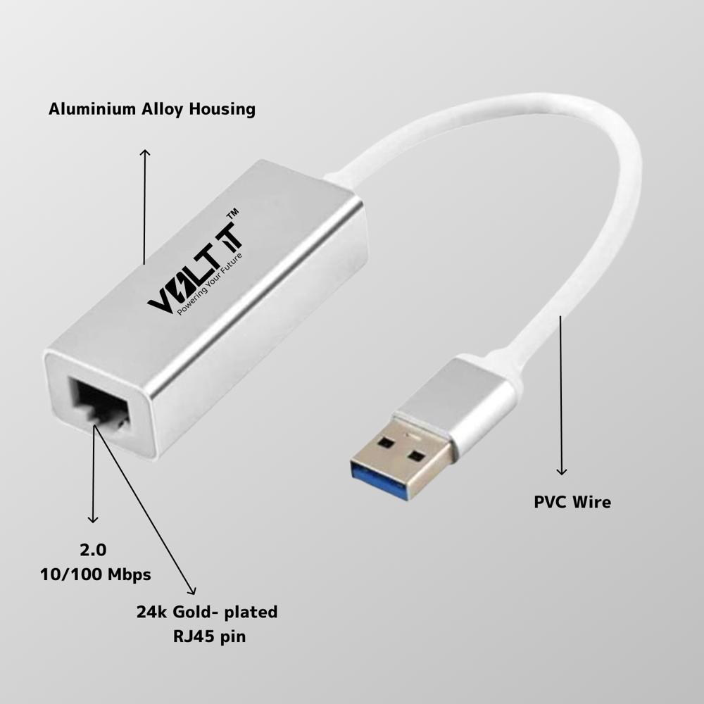 Volt It High-speed Usb 2.0 To Rj45 Gigabit Ethernet Adapter, 10/100 Mbps