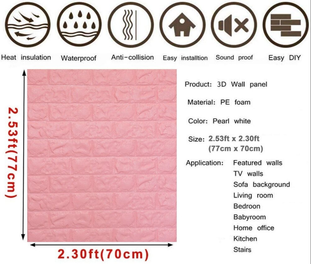3D PINK BRICK SELF ADHESIVE WALLPAPER