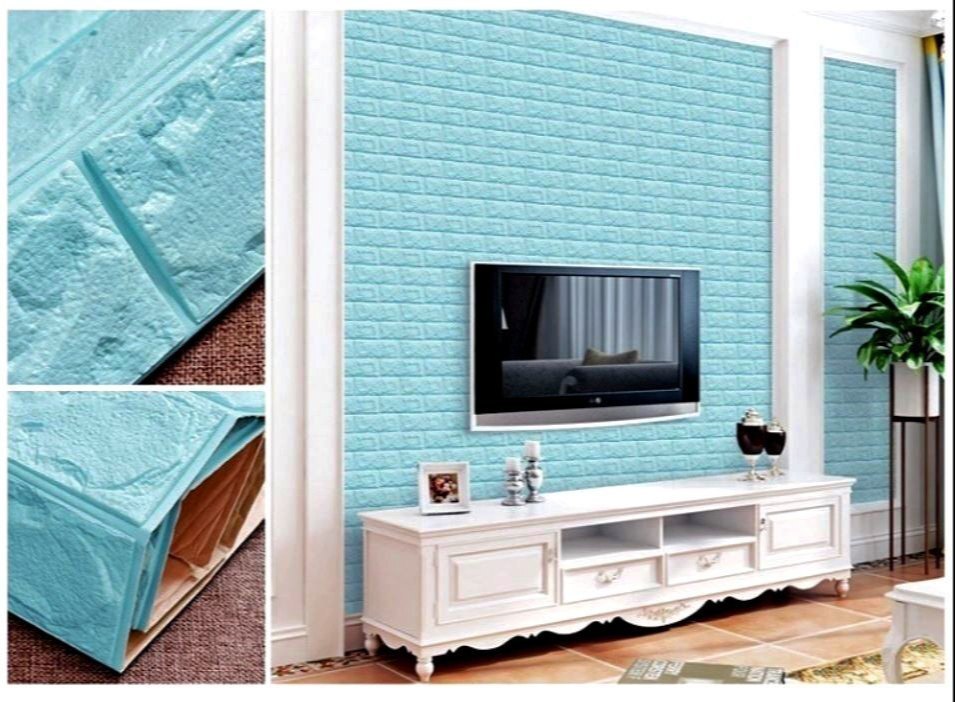 3d Blue Brick Self Adhesive Wallpaper - Waterproof Pvc, 70x77 Cm , Modern Design With Embossed Finish For Living Room Wall Decor