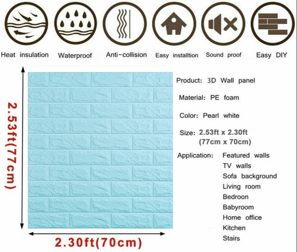 3d Blue Brick Self Adhesive Wallpaper - Waterproof Pvc, 70x77 Cm , Modern Design With Embossed Finish For Living Room Wall Decor