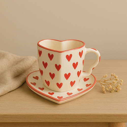 Handmade Love Notes Mug And Dish Set Heart-Shaped Ceramic Gift Duo