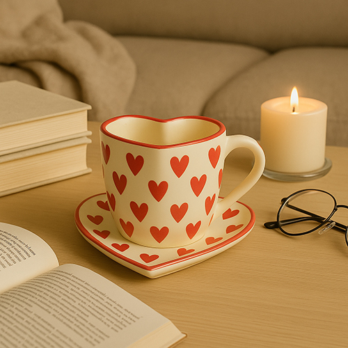 Handmade Love Notes Mug And Dish Set Heart-Shaped Ceramic Gift Duo
