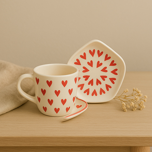 Love Brew-Handcrafted Ceramic Mug And Plate Set - Color: White