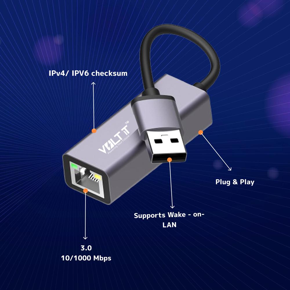 Volt It High-speed Usb 3.0 To Rj45 Gigabit Ethernet Adapter, 10/100/1000 Mbps