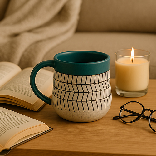 Sierra Stone Ceramic Mugs Handcrafted Matte Glaze With Teal Rim