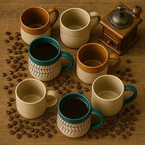Sierra Stone Ceramic Mugs Handcrafted Matte Glaze With Teal Rim