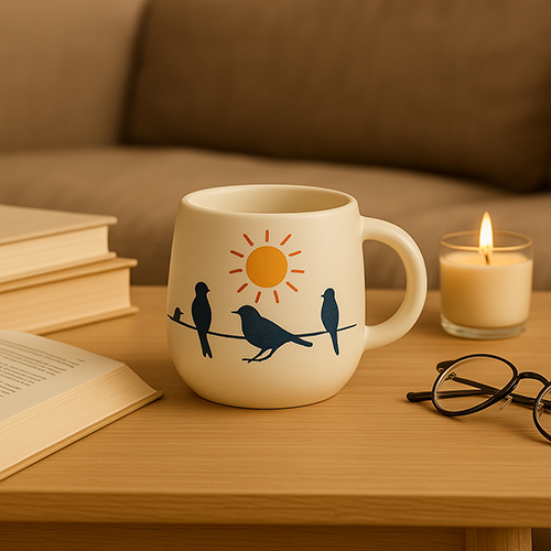 Golden Dawn Mug -Handcrafted Ceramic Mug With Sun And Birds On A Wire Illustration - Color: Brown