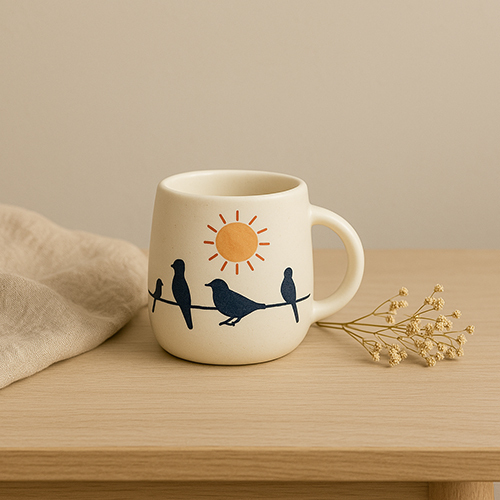 Golden Dawn Mug -Handcrafted Ceramic Mug With Sun And Birds On A Wire Illustration - Color: Brown