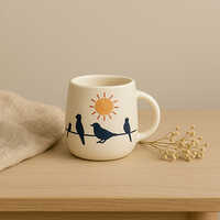 Golden Dawn Mug -Handcrafted Ceramic Mug With Sun And Birds On A Wire Illustration